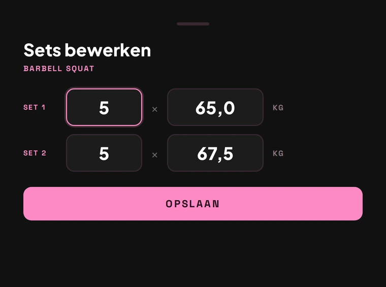 Bewerkscherm met de gelogde reps en kilo’s van twee sets