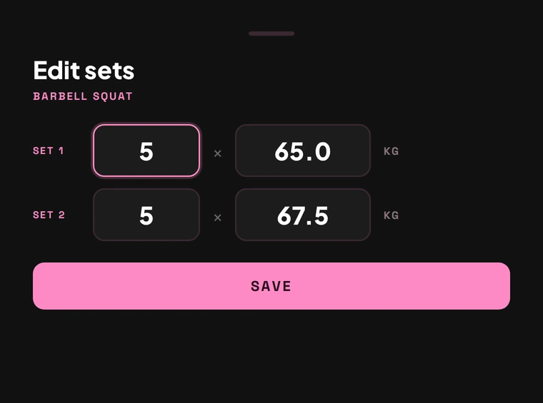 The edit screen showing the logged reps and kilos for two sets