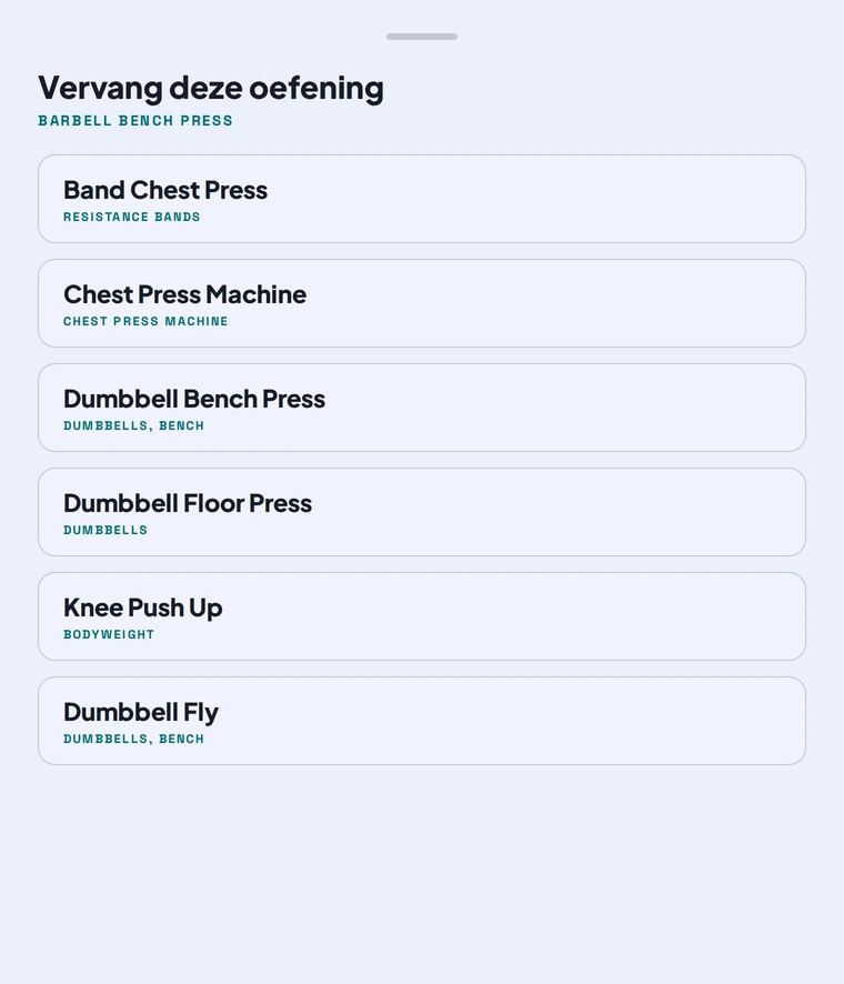 Lijst met vervangende oefeningen voor de bench press, met het benodigde materiaal per optie