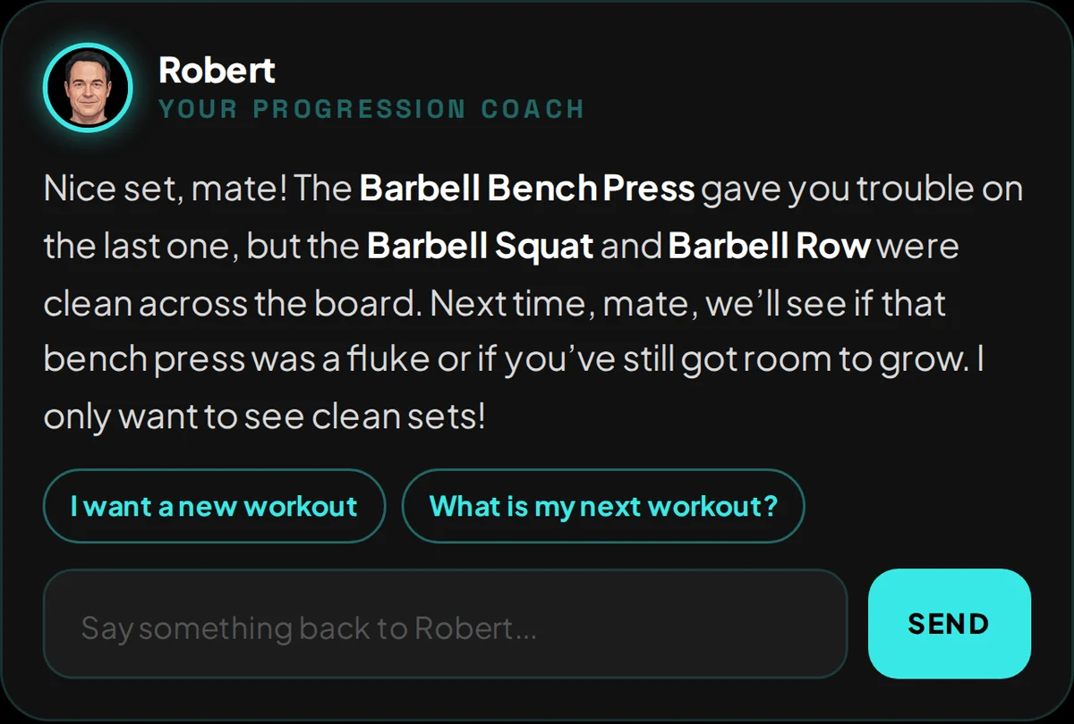 Robert responds to the finished workout and raises the weights for next time