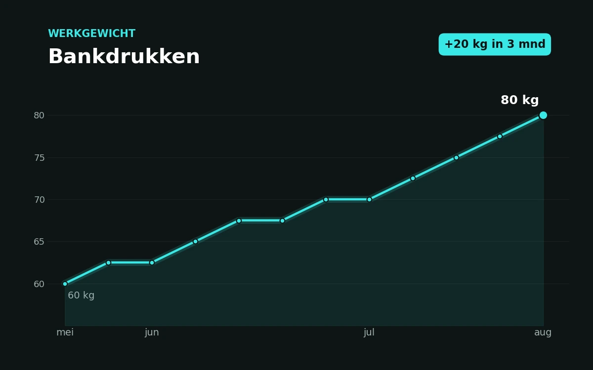 Het dashboard met grafieken van je vooruitgang en de mijlpalen die je hebt behaald