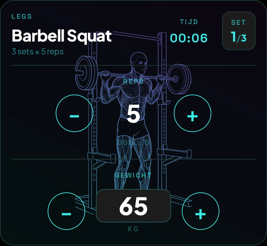 De speler tijdens een set squats, met de lijntekening achter de reps- en gewichtsknoppen