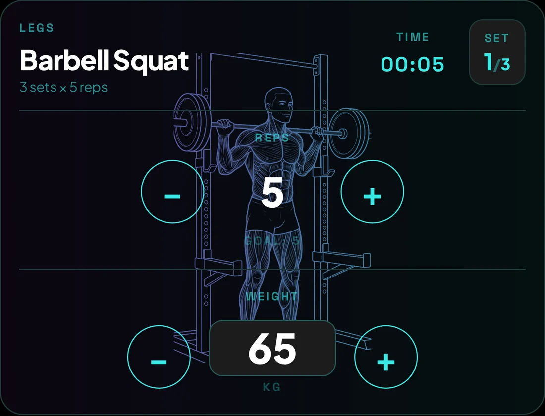 The player during a set of squats, with the line drawing behind the rep and weight controls