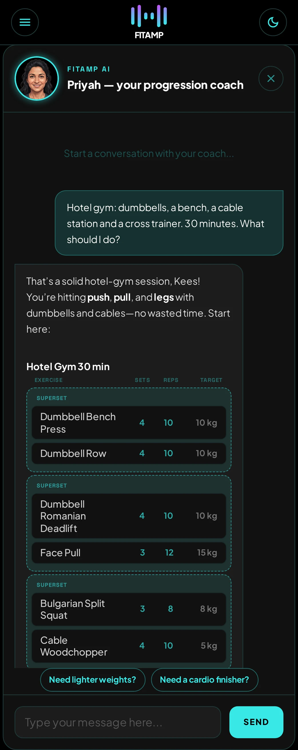 Priyah puts together a hotel-gym workout and lays it out as a table